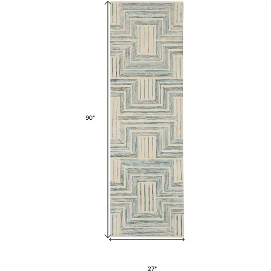 8' Ivory and Turquoise Wool Geometric Runner Rug Photo 3