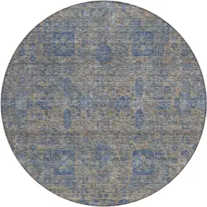 Photo of 8' Khaki And Denim Blue Round Oriental Washable Indoor Outdoor Area Rug