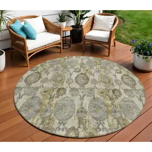 Photo of 8' Khaki Beige And Gold Round Damask Washable Indoor Outdoor Area Rug