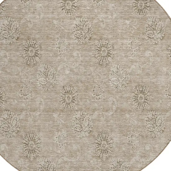 8' Khaki Beige And Tan Round Floral Washable Indoor Outdoor Area Rug Photo 4