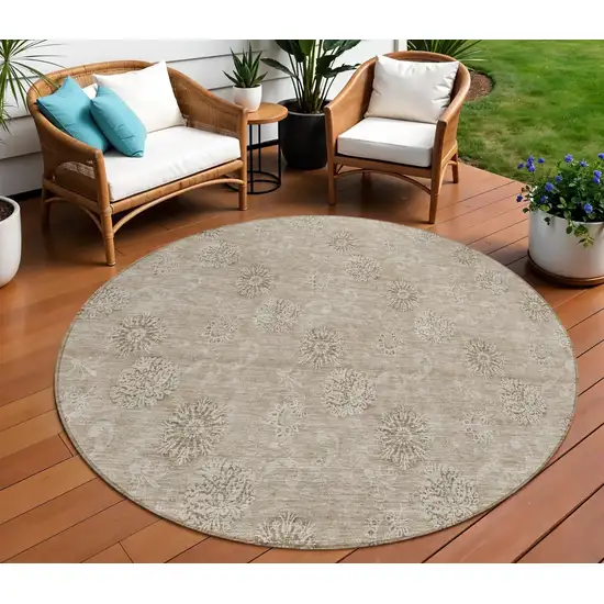 8' Khaki Beige And Tan Round Floral Washable Indoor Outdoor Area Rug Photo 1