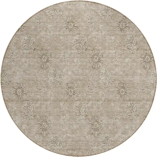 8' Khaki Beige And Tan Round Floral Washable Indoor Outdoor Area Rug Photo 2