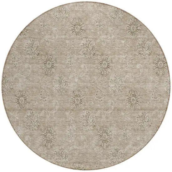 8' Khaki Beige And Tan Round Floral Washable Indoor Outdoor Area Rug Photo 5