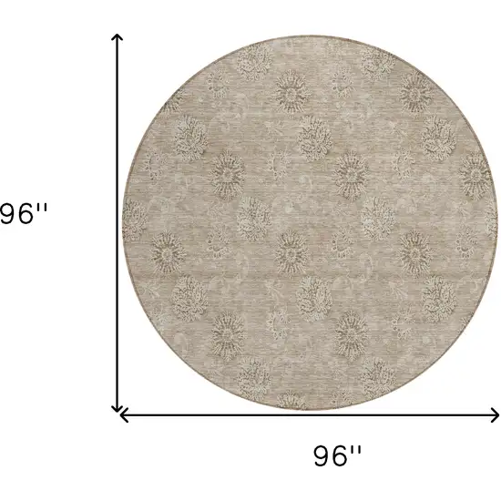 8' Khaki Beige And Tan Round Floral Washable Indoor Outdoor Area Rug Photo 3