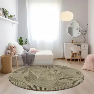 Photo of 8' Khaki Brown And Beige Round Geometric Washable Indoor Outdoor Area Rug