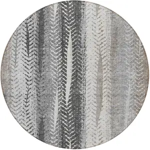 Photo of 8' Khaki Ivory And Gray Round Botanical Leaves Washable Indoor Outdoor Area Rug