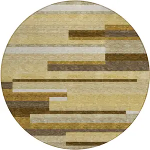 Photo of 8' Khaki Taupe And Gold Round Striped Washable Indoor Outdoor Area Rug