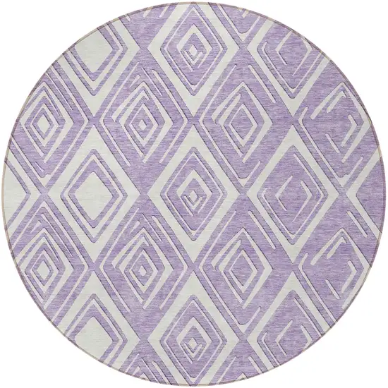 8' Lavender And Ivory Round Geometric Washable Indoor Outdoor Area Rug Photo 5