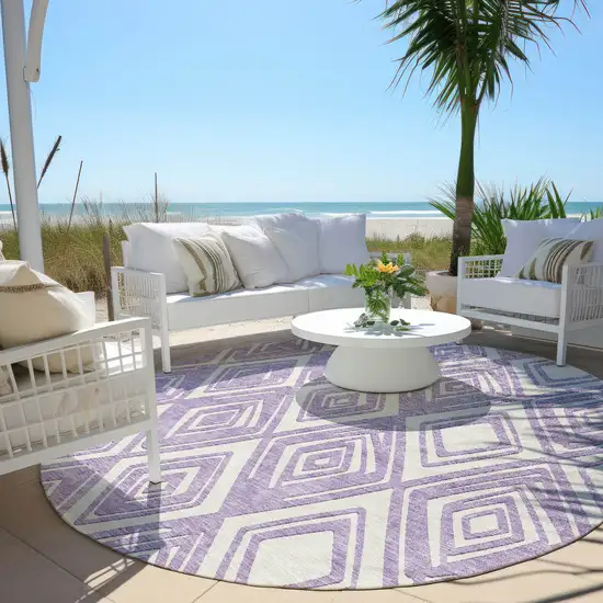 8' Lavender And Ivory Round Geometric Washable Indoor Outdoor Area Rug Photo 6