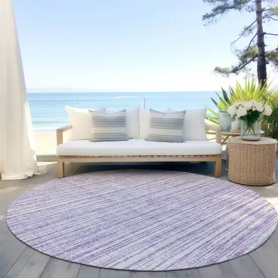 8' Lavender And Ivory Round Striped Washable Indoor Outdoor Area Rug Photo 6