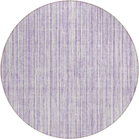 8' Lavender And Ivory Round Striped Washable Indoor Outdoor Area Rug Photo 1