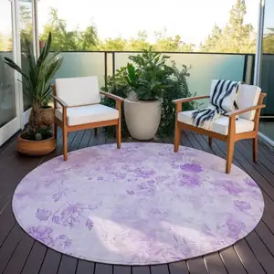 Photo of 8' Lavender And Purple Round Floral Washable Indoor Outdoor Area Rug