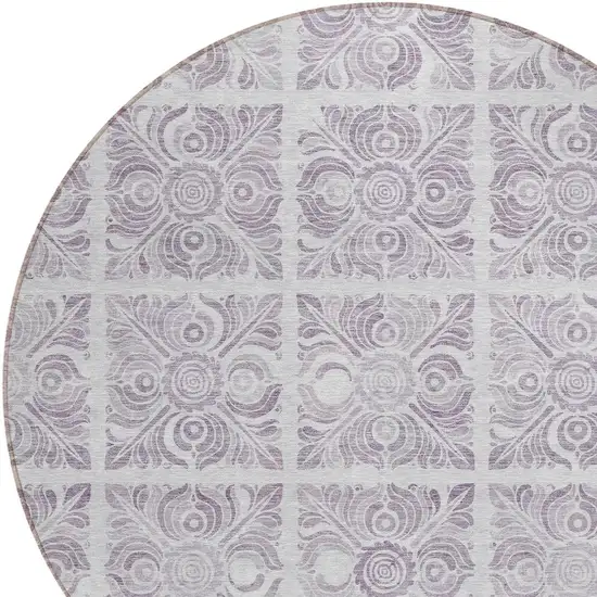 8' Lavender And Silver Round Medallion Washable Indoor Outdoor Area Rug Photo 4