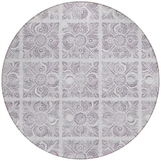 8' Lavender And Silver Round Medallion Washable Indoor Outdoor Area Rug Photo 5