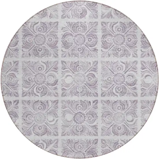 8' Lavender And Silver Round Medallion Washable Indoor Outdoor Area Rug Photo 2