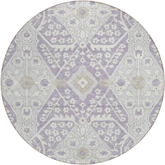 8' Lavender Gray And Beige Round Floral Washable Indoor Outdoor Area Rug Photo 2