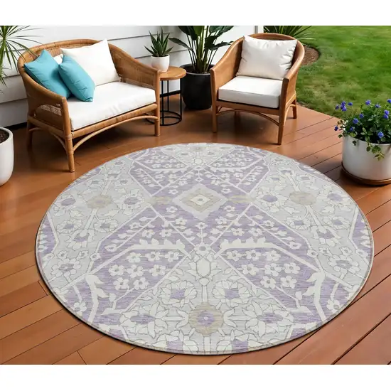 8' Lavender Gray And Beige Round Floral Washable Indoor Outdoor Area Rug Photo 1