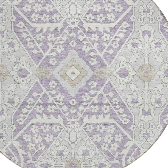 8' Lavender Gray And Beige Round Floral Washable Indoor Outdoor Area Rug Photo 6