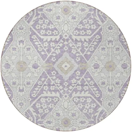 8' Lavender Gray And Beige Round Floral Washable Indoor Outdoor Area Rug Photo 8