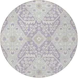 Photo of 8' Lavender Gray And Beige Round Floral Washable Indoor Outdoor Area Rug