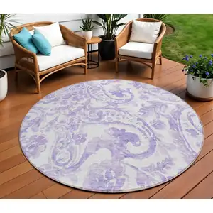 Photo of 8' Lavender Ivory And Purple Round Paisley Washable Indoor Outdoor Area Rug