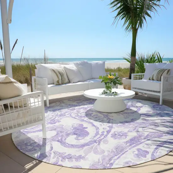 8' Lavender Ivory And Purple Round Paisley Washable Indoor Outdoor Area Rug Photo 5