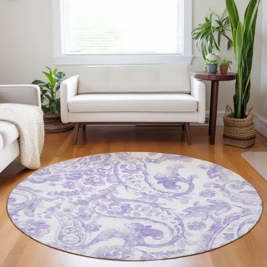 8' Lavender Ivory And Purple Round Paisley Washable Indoor Outdoor Area Rug Photo 6