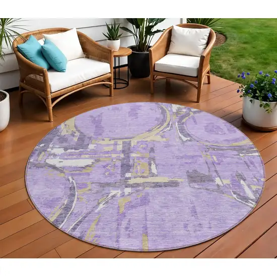 8' Lavender Lilac And Purple Round Geometric Washable Indoor Outdoor Area Rug Photo 1