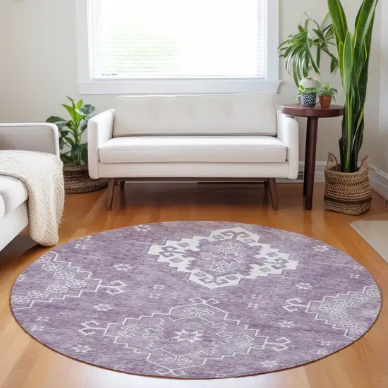 8' Lavender Plum And Ivory Round Medallion Washable Indoor Outdoor Area Rug Photo 7