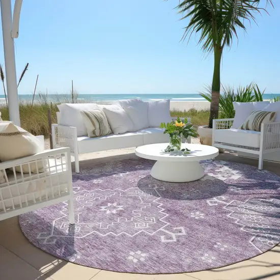 8' Lavender Plum And Ivory Round Medallion Washable Indoor Outdoor Area Rug Photo 6