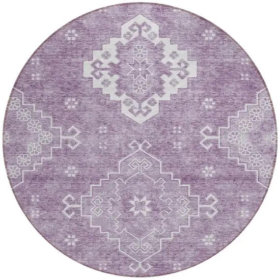 8' Lavender Plum And Ivory Round Medallion Washable Indoor Outdoor Area Rug Photo 4