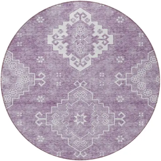 8' Lavender Plum And Ivory Round Medallion Washable Indoor Outdoor Area Rug Photo 5