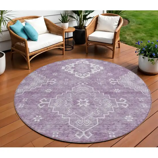 8' Lavender Plum And Ivory Round Medallion Washable Indoor Outdoor Area Rug Photo 1