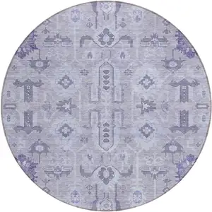 Photo of 8' Lavender Purple And Gray Round Oriental Washable Indoor Outdoor Area Rug