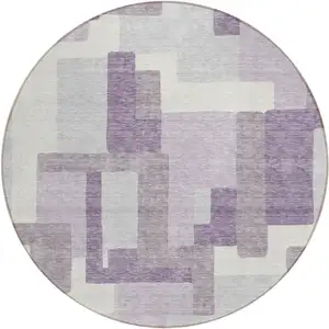 Photo of 8' Lavender Purple And Ivory Round Abstract Washable Indoor Outdoor Area Rug