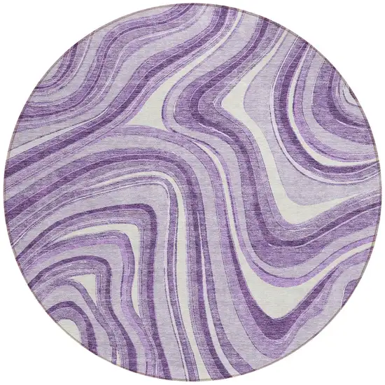 8' Lavender Purple And Ivory Round Abstract Washable Indoor Outdoor Area Rug Photo 5