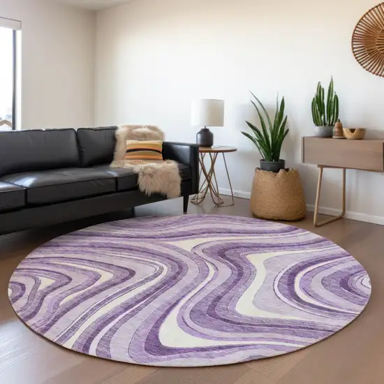 8' Lavender Purple And Ivory Round Abstract Washable Indoor Outdoor Area Rug Photo 7