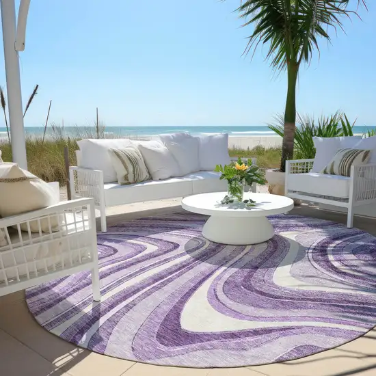 8' Lavender Purple And Ivory Round Abstract Washable Indoor Outdoor Area Rug Photo 6