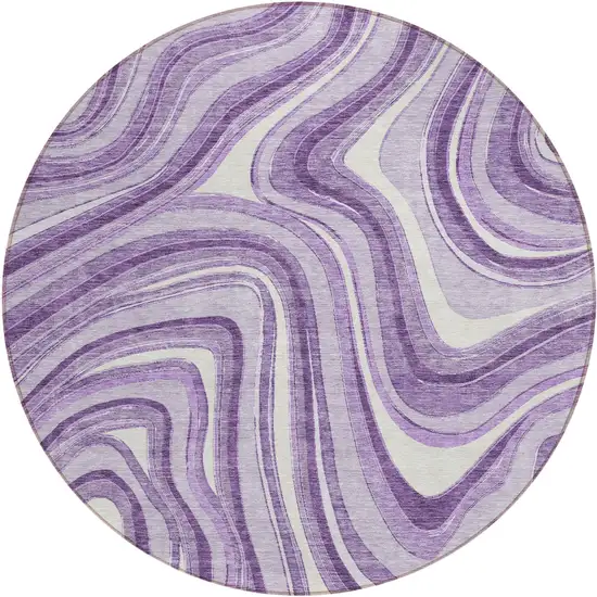 8' Lavender Purple And Ivory Round Abstract Washable Indoor Outdoor Area Rug Photo 1