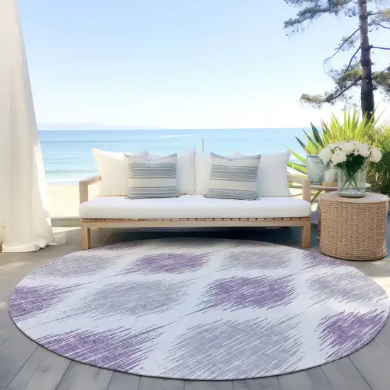 8' Lavender Purple And Ivory Round Ikat Washable Indoor Outdoor Area Rug Photo 6