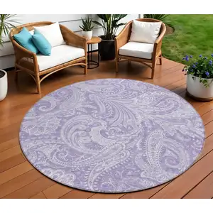 Photo of 8' Lavender Purple And Ivory Round Paisley Washable Indoor Outdoor Area Rug