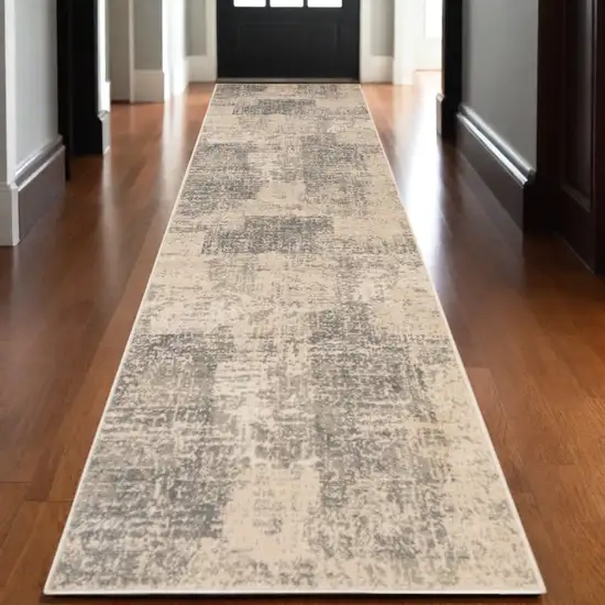 10' Gray and Light Blue Abstract Power Loom Runner Rug Photo 1