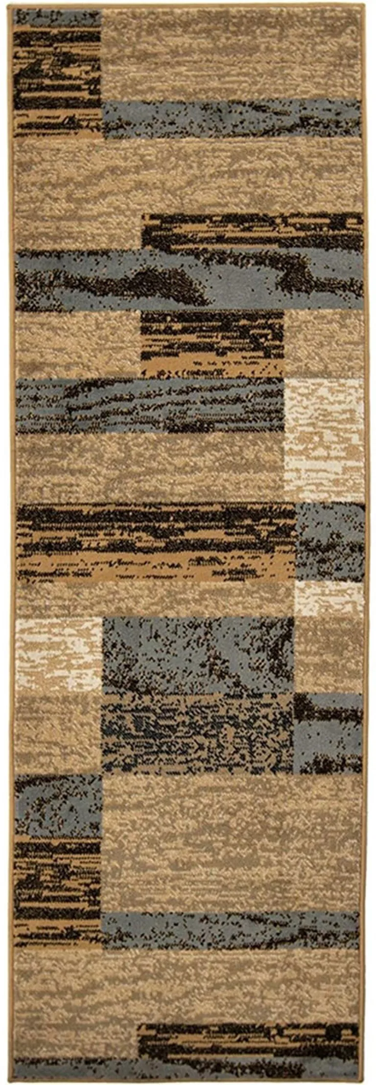 8' Light Blue And Beige Patchwork Power Loom Stain Resistant Runner Rug Photo 1