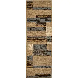 Photo of 8' Light Blue And Beige Patchwork Power Loom Stain Resistant Runner Rug