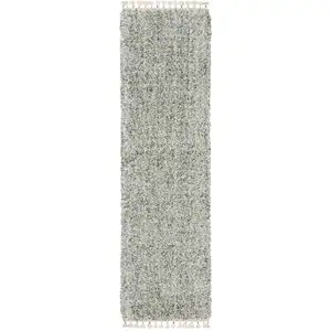 Photo of 8' Light Blue And Ivory Abstract Shag Runner Rug With Fringe