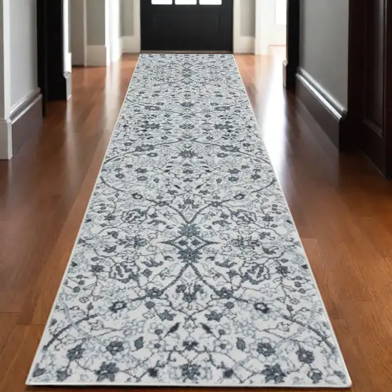 10' Charcoal and Gray Floral Power Loom Runner Rug Photo 1