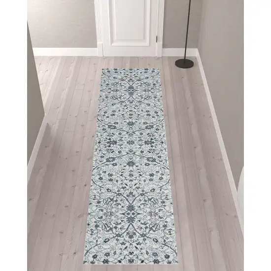 10' Light Blue Floral Power Loom Runner Rug Photo 3