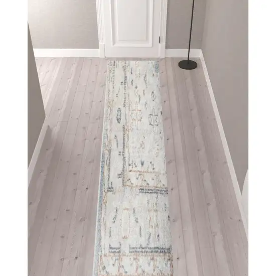 12' Light Blue Oriental Power Loom Distressed Washable Runner Rug Photo 2