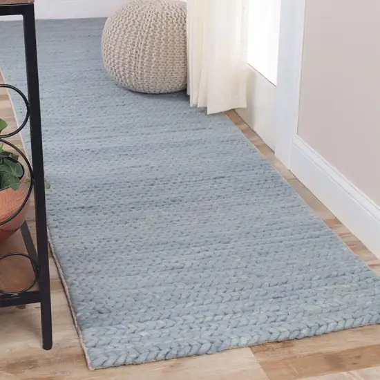 10' Light Blue Wool Handmade Stain Resistant Runner Rug Photo 2