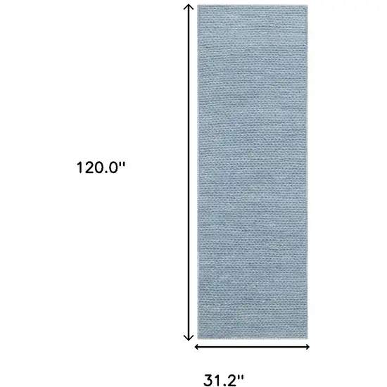 10' Light Blue Wool Handmade Stain Resistant Runner Rug Photo 8